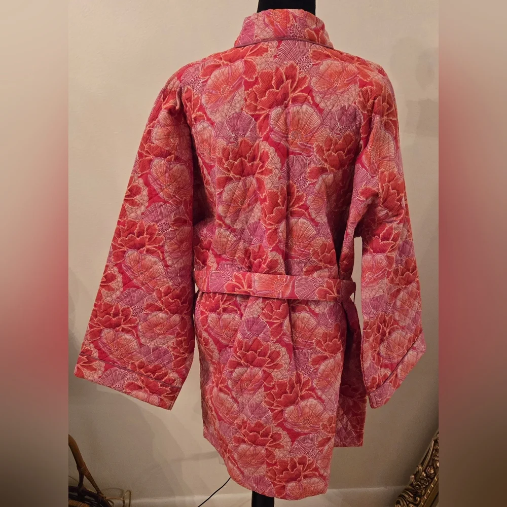 Mahogany Gina Quilted Cotton Floral Kimono Short Robe And PJ Bottoms